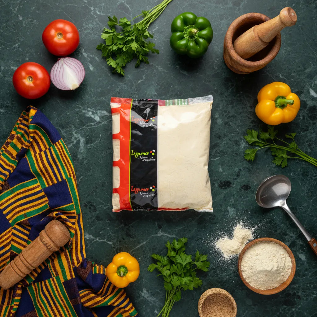 Farine de pois chiche LEGUMOR - Protéines végétales posée sur un plan de travail avec légumes frais, idéale pour l'épicerie salée.