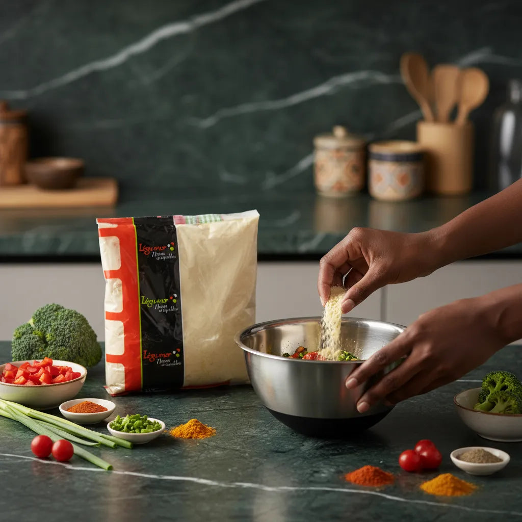 Préparation culinaire avec la farine de pois chiche LEGUMOR - Protéines végétales, parfaite pour enrichir vos plats en cuisine saine.