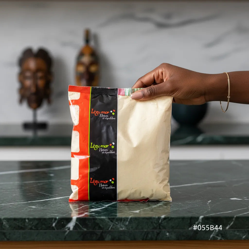 Main tenant un sachet de farine de pois chiche LEGUMOR - Protéines végétales, produit d'épicerie salée pour recettes riches en fibres.