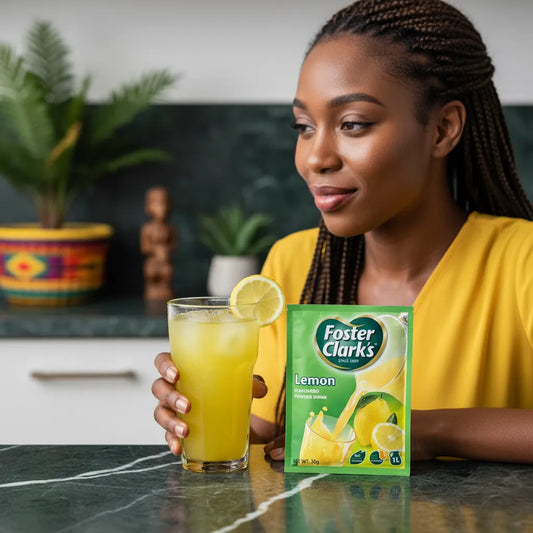 Femme dégustant un verre de jus citronné FOSTER CLARKS, boisson rafraîchissante préparée à partir du sachet de poudre au citron.