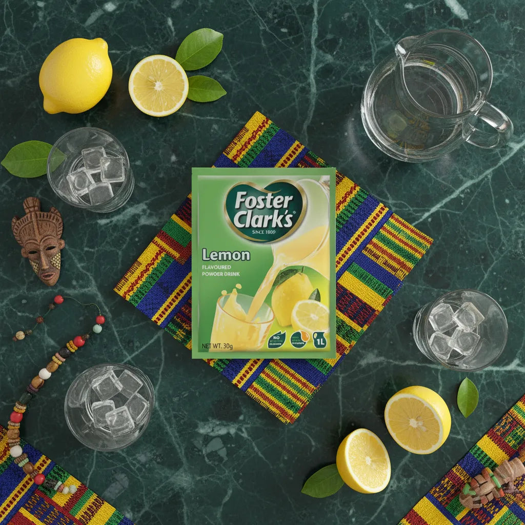 Jus en poudre citron FOSTER CLARKS posé sur une nappe colorée avec citrons frais, glaçons et carafe, parfait pour une boisson estivale rafraîchissante.