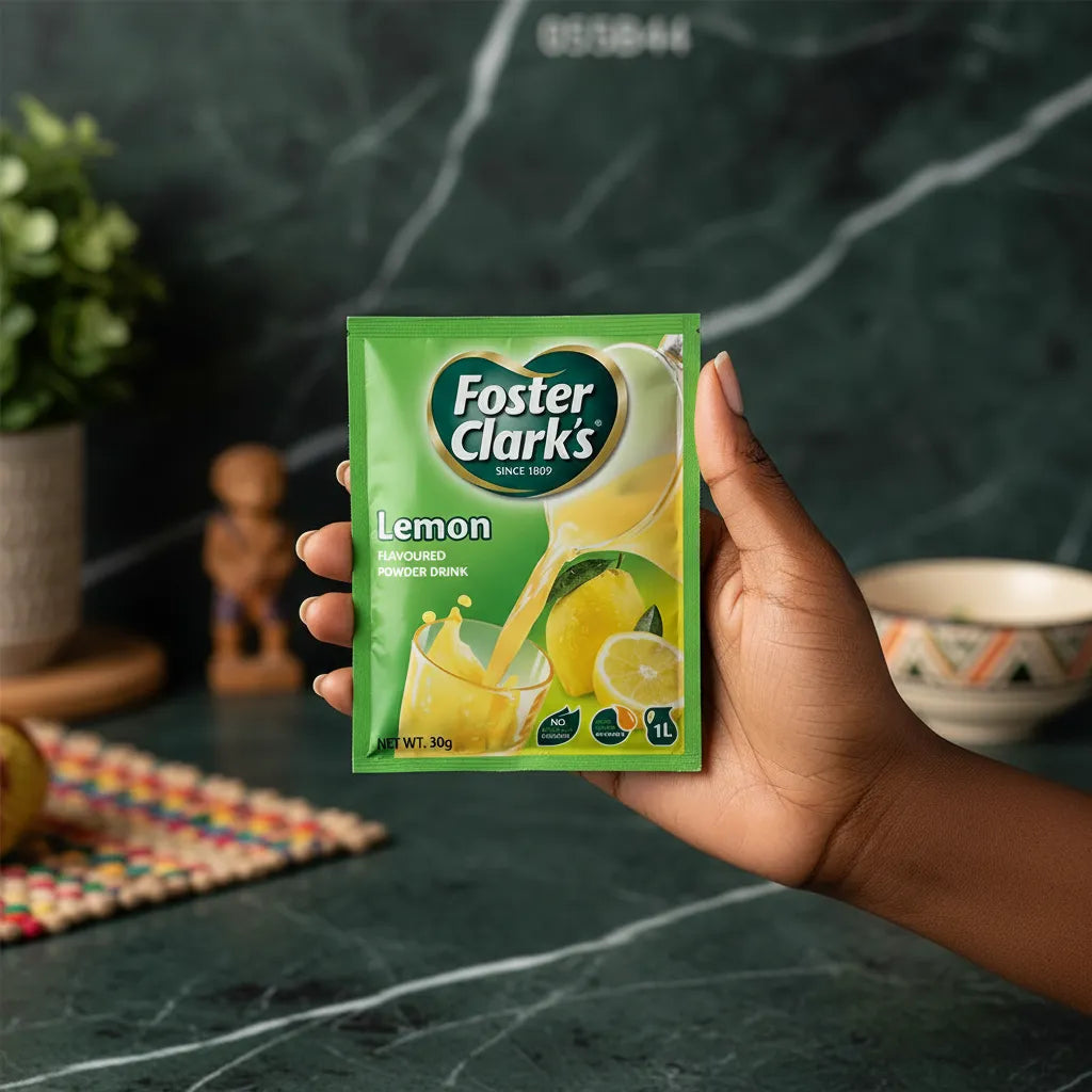 Sachet de jus en poudre citron FOSTER CLARKS tenu en main, format pratique pour une boisson citronnée rapide et désaltérante.