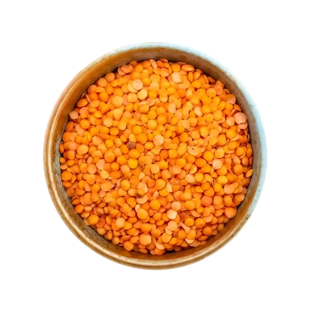 Bol rempli de lentilles corail décortiquées LEGUMOR, légumineuses riches en protéines et fibres, parfaites pour plats végétariens et équilibrés.