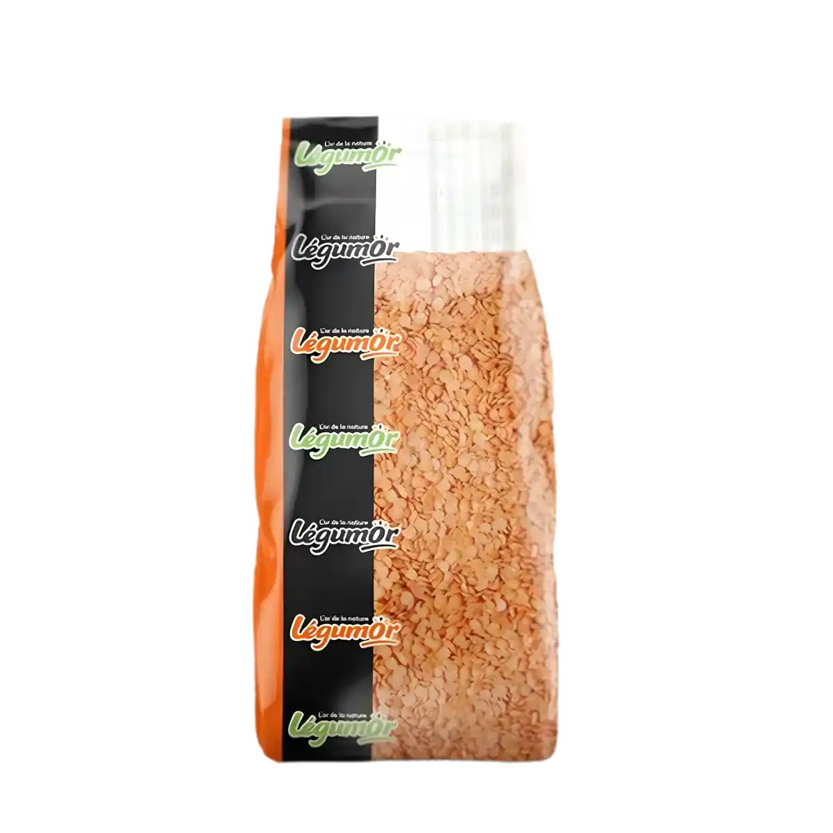 Paquet de lentilles corail décortiquées LEGUMOR, format transparent avec logo, idéal pour recettes rapides et nutritives en épicerie salée.