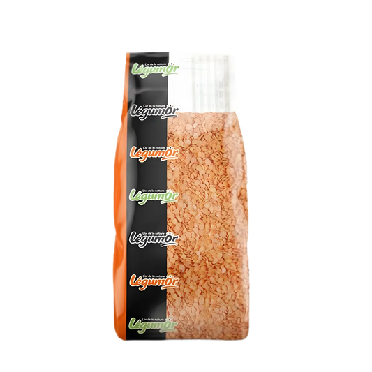 Lentilles corail décortiquées LEGUMOR en sachet transparent, idéales pour recettes rapides et nutritives en épicerie salée.