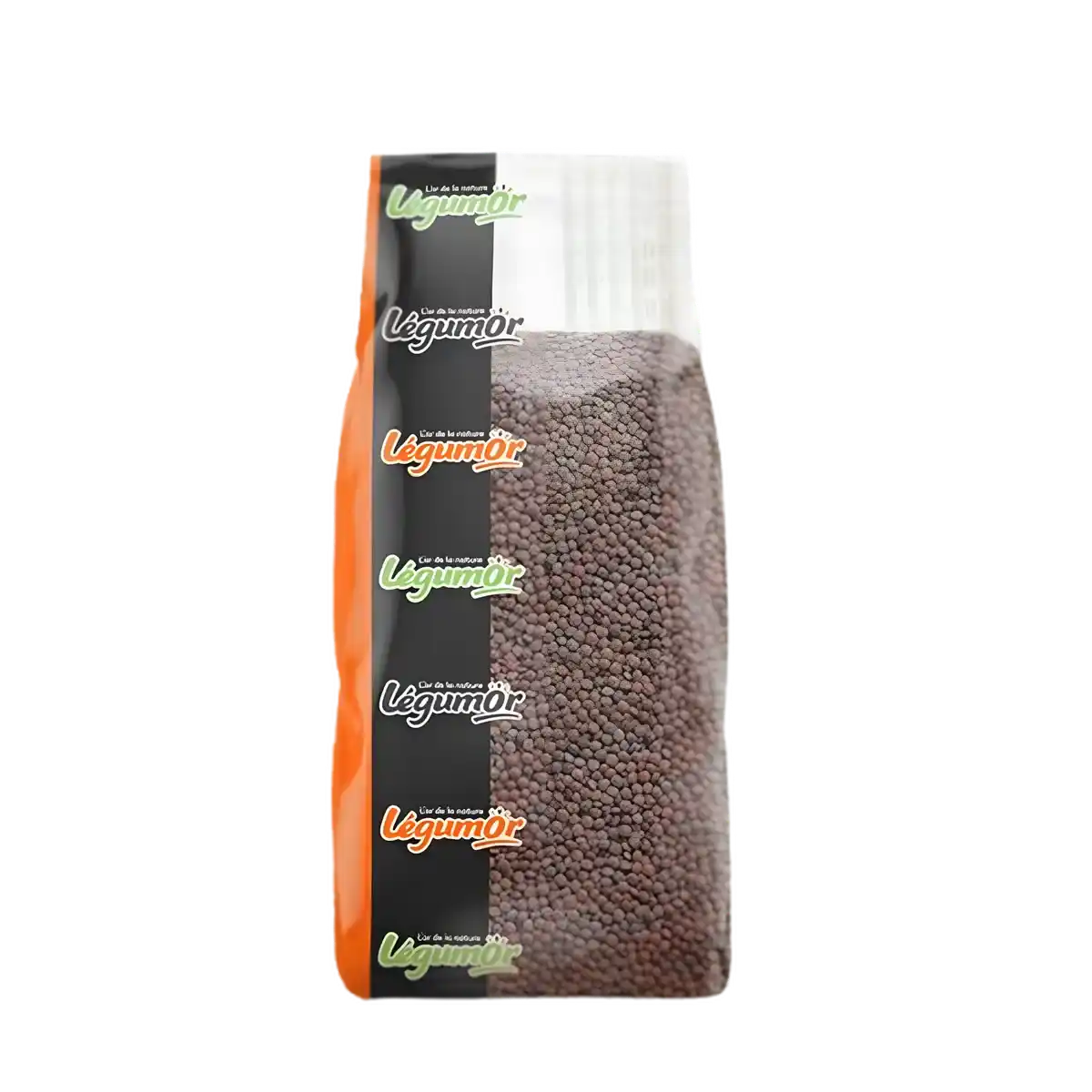 Sachet de lentilles rouges entières LEGUMOR debout, emballage transparent montrant les grains secs. Produit d'épicerie salée riche en nutriments.