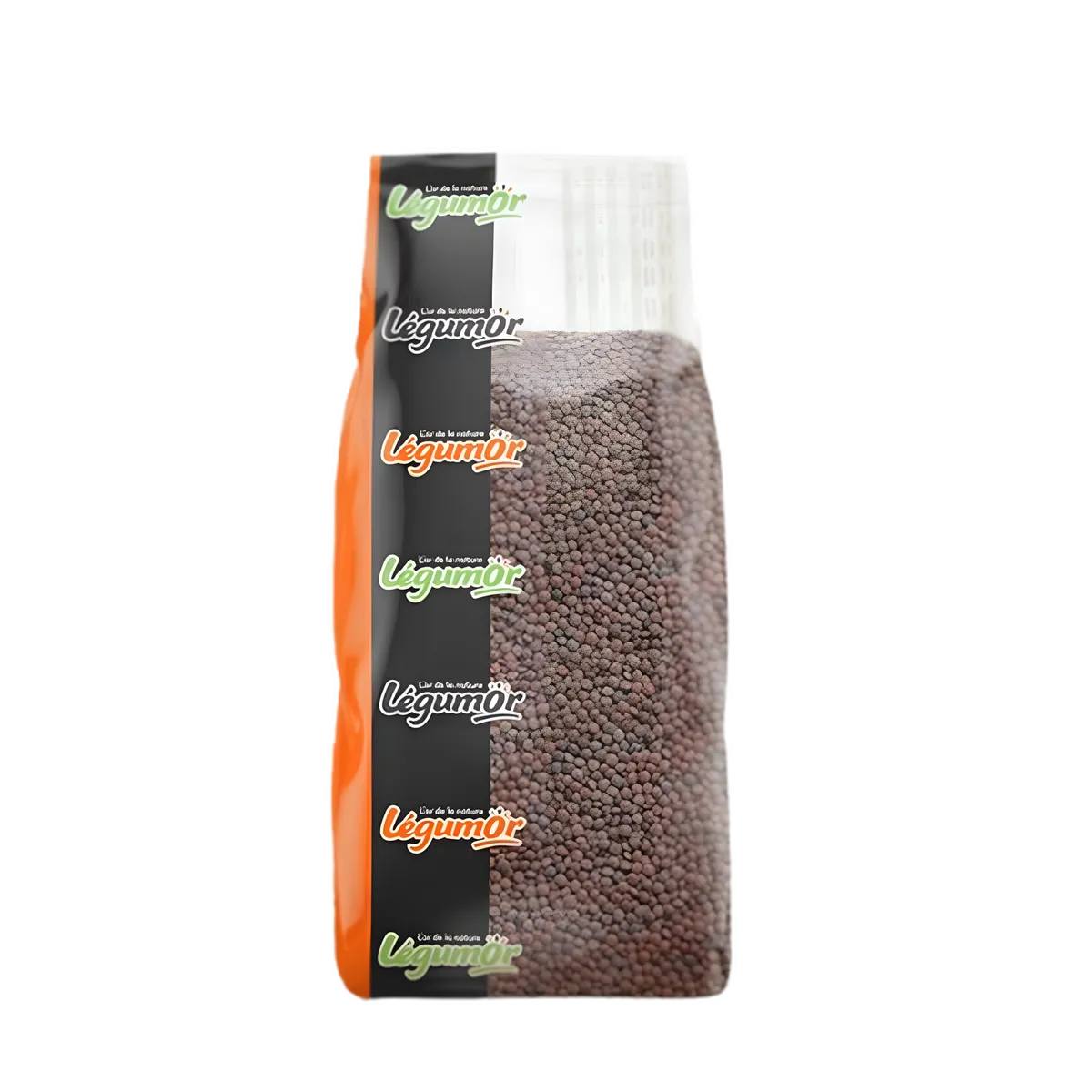 Lentilles rouges entières LEGUMOR en sachet transparent, parfaites pour soupes, salades et ragoûts. Produit d'épicerie salée nutritif.