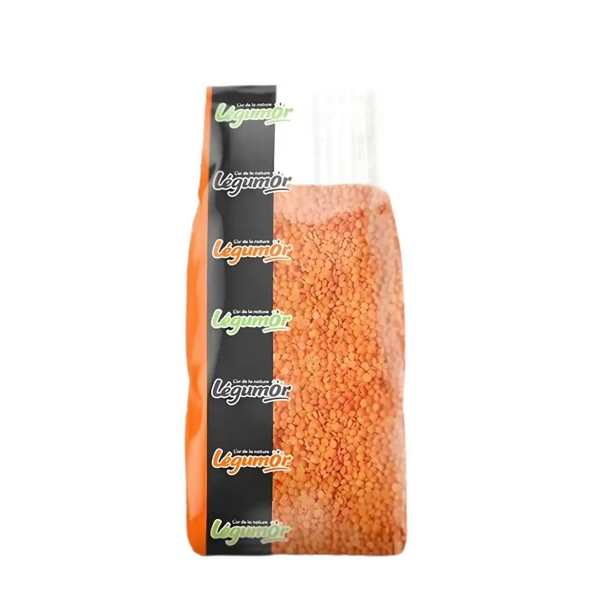Lentilles rouges LEGUMOR en sachet transparent, riches en protéines et fibres, idéales pour une cuisson rapide en cuisine saine.