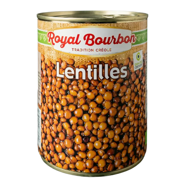 Lentilles Royal Bourbon en conserve (400g). Gros plan sur la boîte, fond noir.