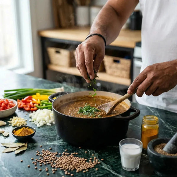 Lentilles Royal Bourbon. Un homme cuisine une soupe de lentilles, ajoutant des herbes fraîches.