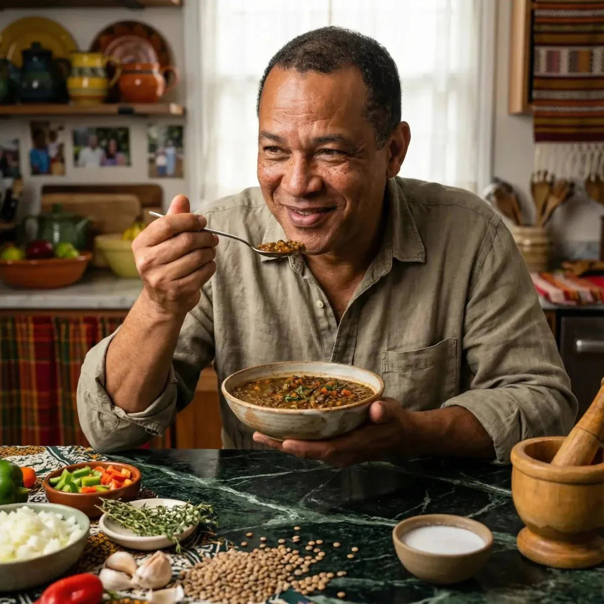 Un hombre saborea una sopa de lentejas ROYAL BOURBON, con un tazón en la mano.