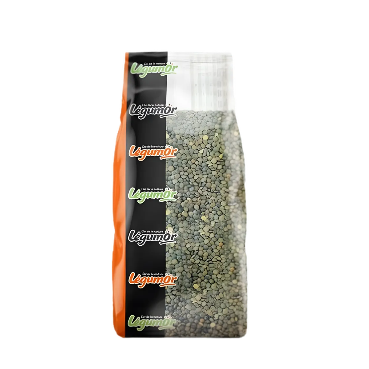 Lentilles vertes LEGUMOR en sachet transparent avec bande noire et logo coloré, parfaites pour une cuisine saine et savoureuse.