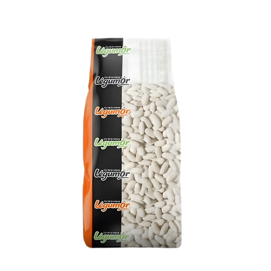 Lingots LEGUMOR - Haricots blancs secs en sachet transparent, texture douce idéale pour soupes, salades et plats mijotés.