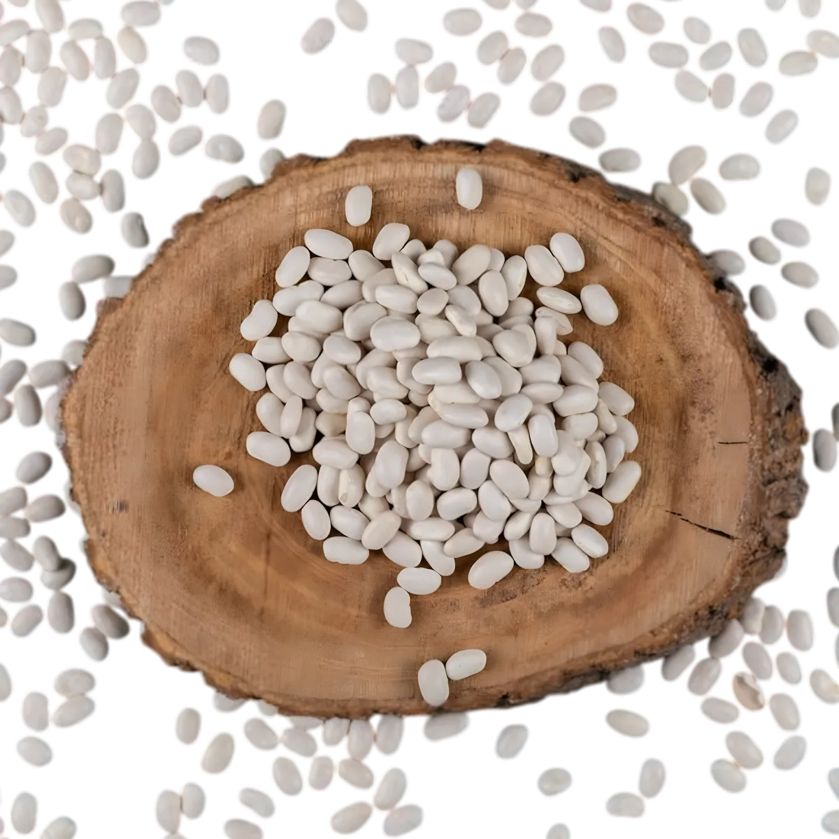 Lingots LEGUMOR - Haricots blancs secs présentés sur une planche en bois, parfaits pour recettes savoureuses et cuisine maison.
