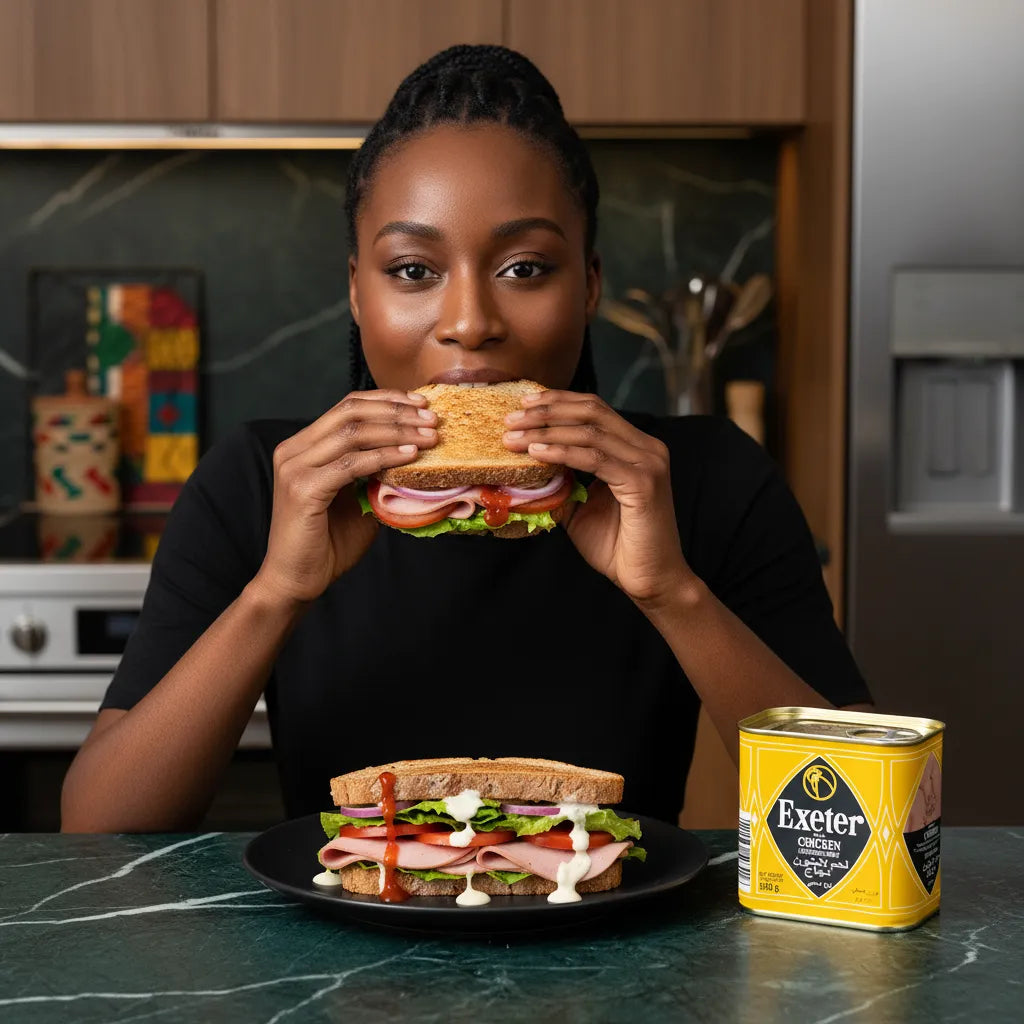 Femme dégustant un sandwich garni de mortadelle poulet EXETER, charcuterie savoureuse et moelleuse, idéale pour repas rapides.