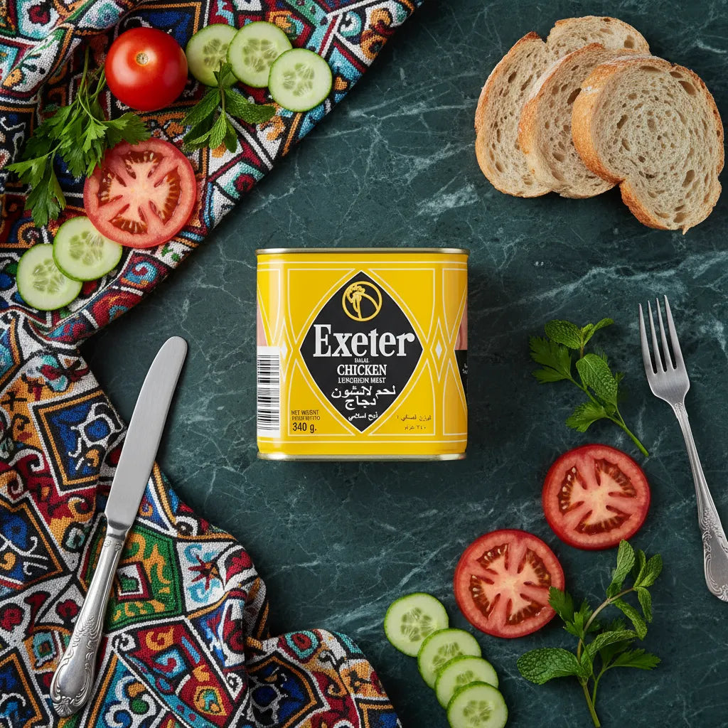 Boîte de mortadelle poulet EXETER 340g posée sur une table avec légumes frais et pain, parfaite pour un repas rapide et savoureux.