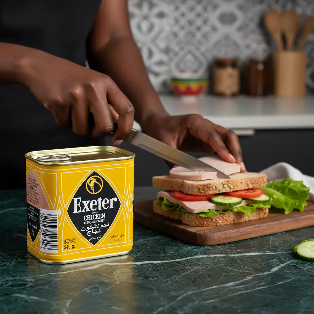 Préparation d’un sandwich avec la mortadelle poulet EXETER, charcuterie moelleuse et délicate, idéale pour un déjeuner équilibré.