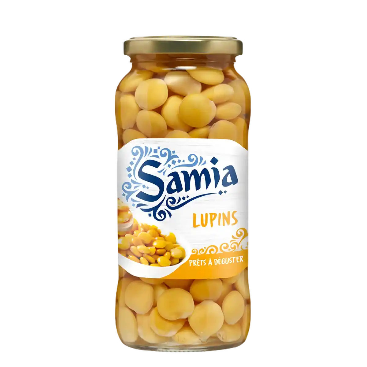 Lupins en bocal SAMIA - conserve de lupins jaunes entiers dans un grand bocal en verre, prêt à déguster, spécialité d'épicerie salée.