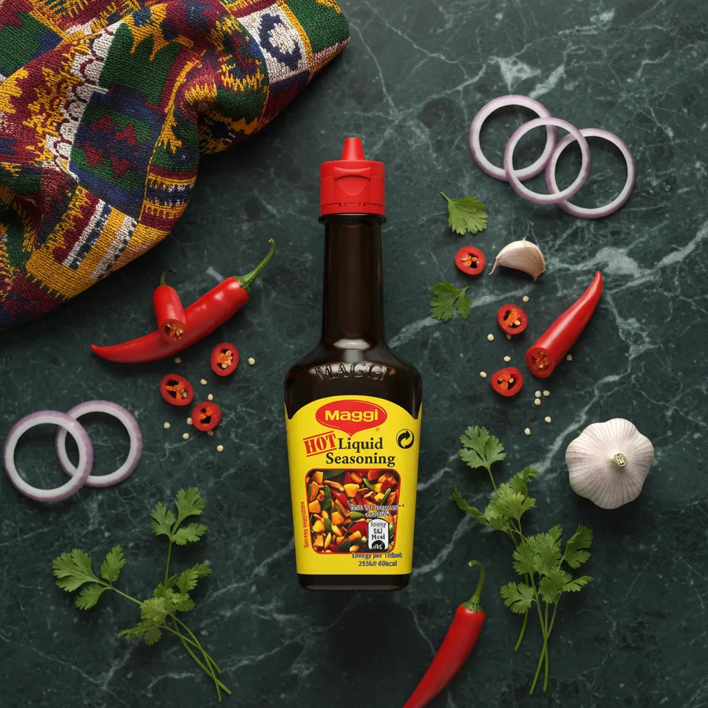 Bouteille d'arôme MAGGI épicé entourée d'ingrédients frais comme piments, ail et coriandre. Assaisonnement liquide idéal pour recettes épicées.
