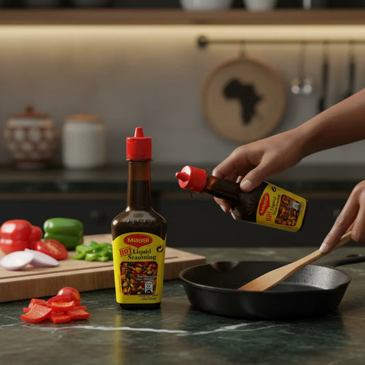 Utilisation de l'arôme MAGGI épicé en cuisine, versé dans une poêle. Assaisonnement liquide star pour plats savoureux et relevés.