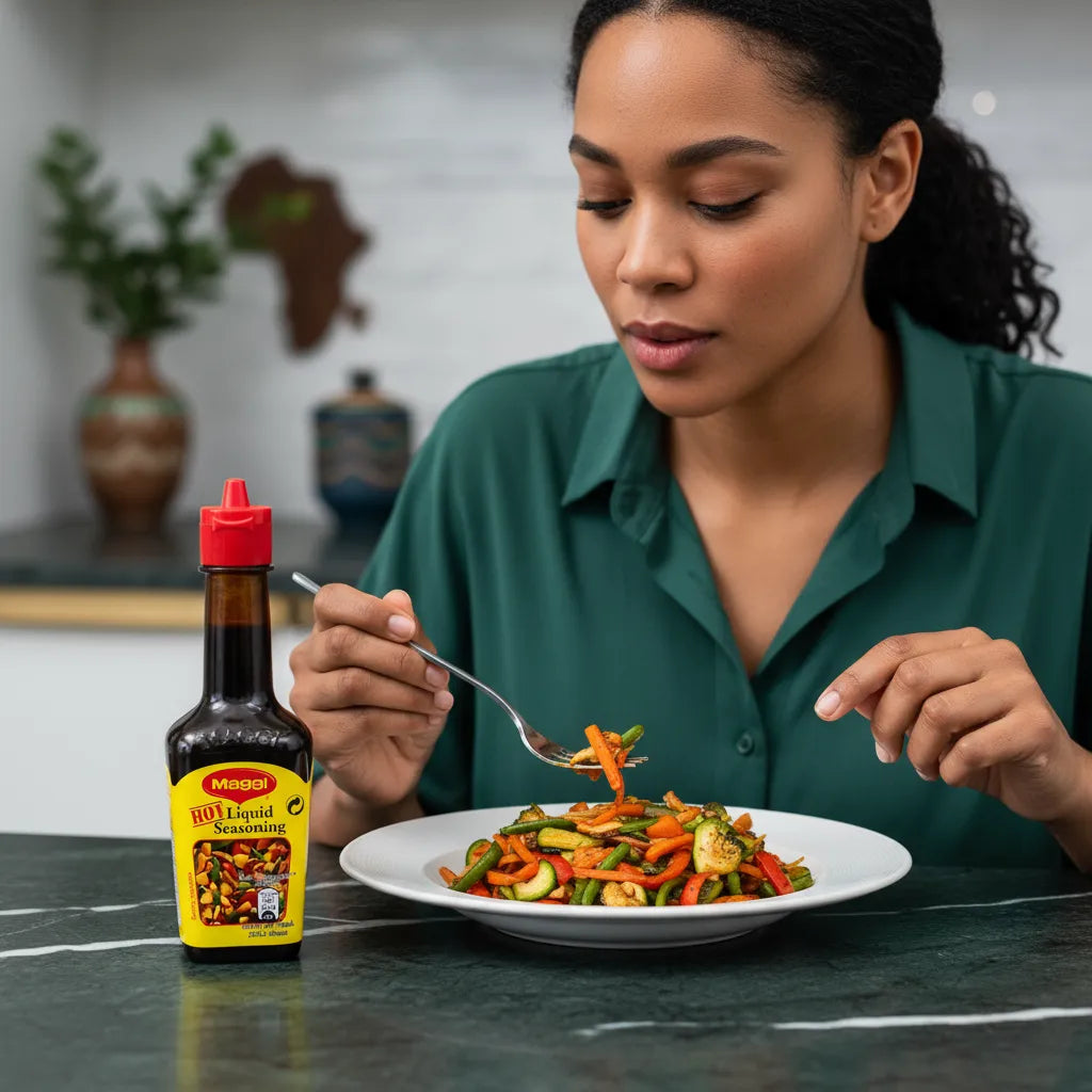 Femme dégustant un plat de légumes assaisonné avec l'arôme MAGGI épicé - Liquide assaisonnement star, parfait pour rehausser les repas.