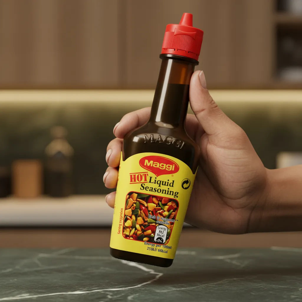 Main tenant une bouteille d'arôme MAGGI épicé - Liquide assaisonnement star, parfait pour sauces, marinades et plats épicés maison.