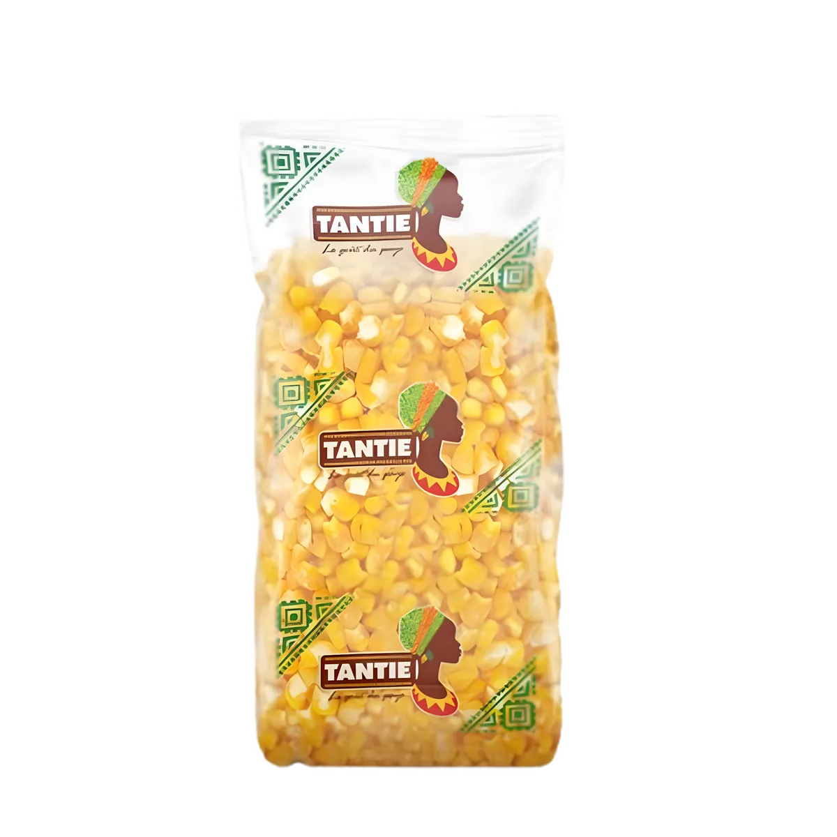 Maïs dégermé jaune TANTIE en sachet transparent, idéal pour soupes et plats mijotés, avec texture agréable et usage polyvalent en épicerie salée.