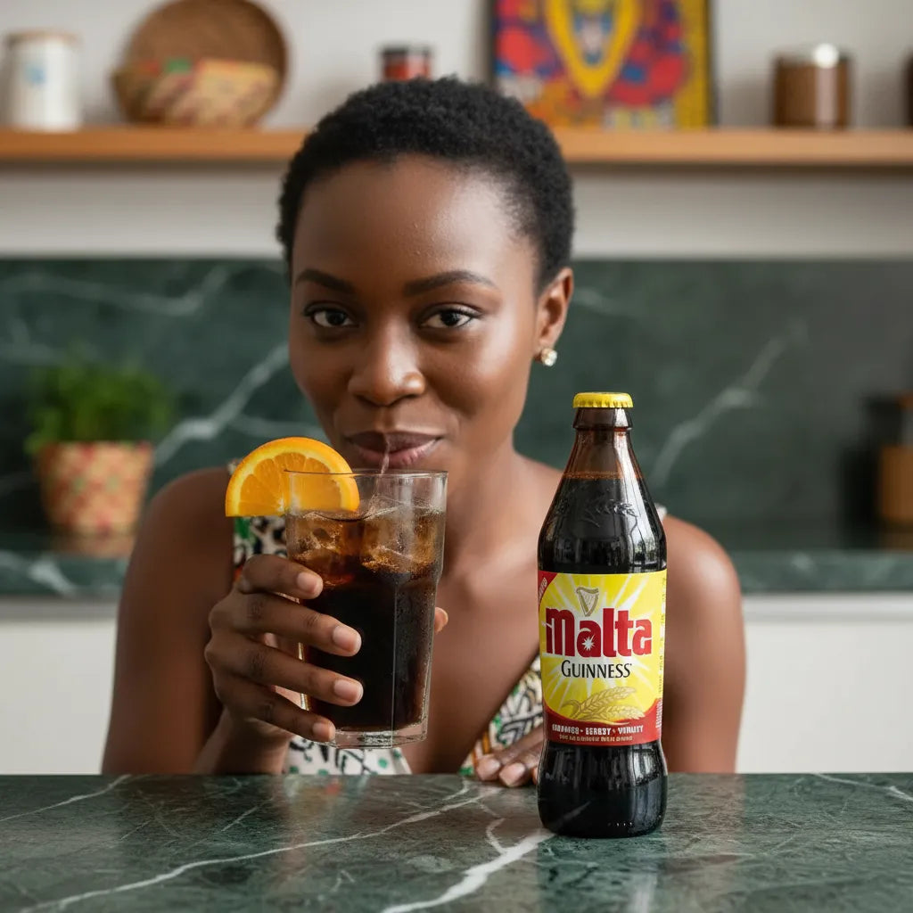 Femme dégustant une boisson au malt GUINNESS avec glaçons et orange, soulignant la vitalité et la richesse de cette bière sans alcool.