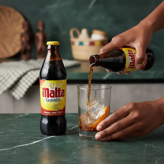 Boisson au malt GUINNESS versée sur glaçons avec tranche d’orange, mettant en valeur sa fraîcheur et son goût riche sans alcool.