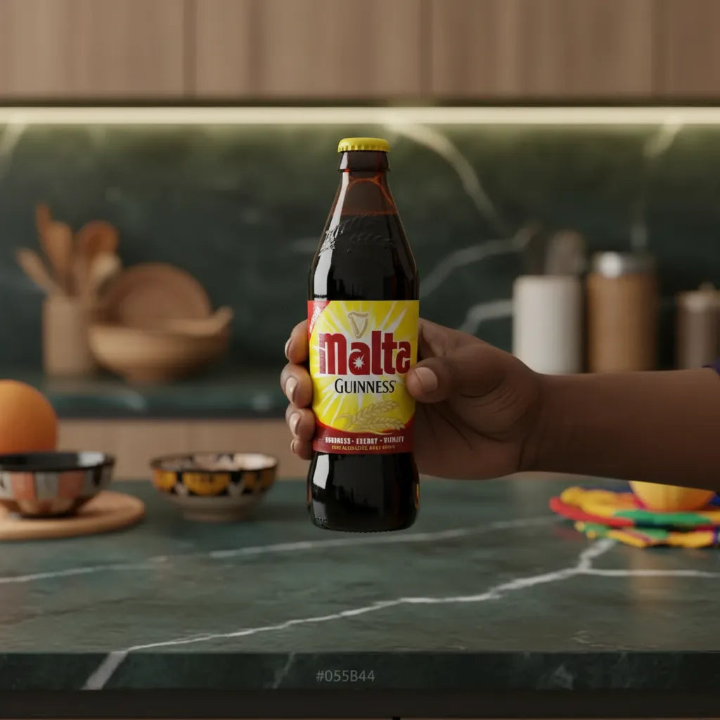 Main tenant une bouteille de boisson au malt GUINNESS dans une cuisine moderne, mettant en avant son design attractif et sa saveur authentique.