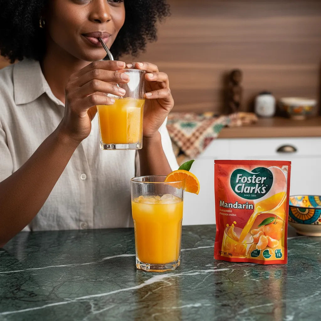 Femme dégustant un verre de jus mandarine FOSTER CLARKS, boisson instantanée servie fraîche avec glaçons et tranche d'orange décorative.