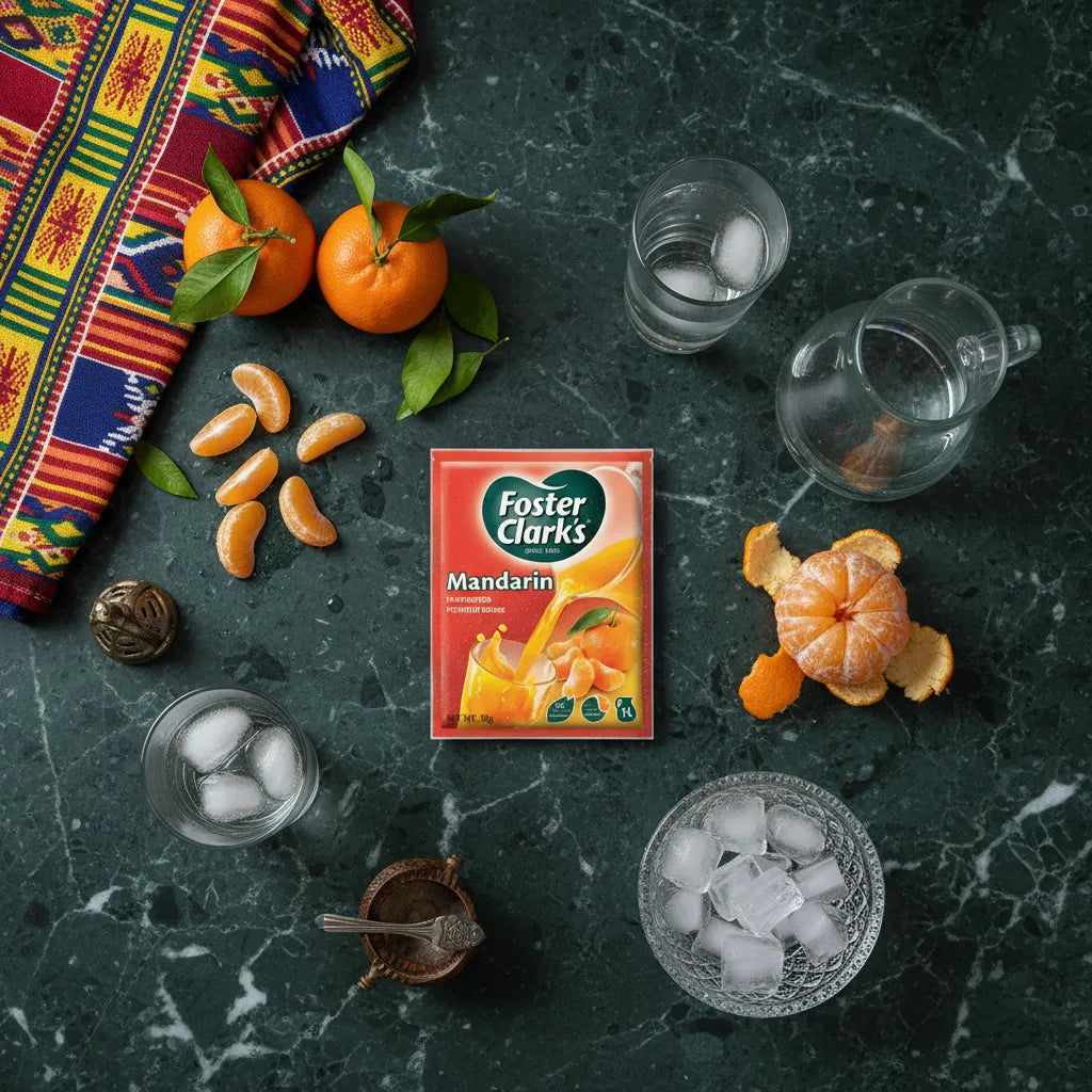 Sachet de jus mandarine FOSTER CLARKS entouré de verres, glaçons et mandarines fraîches sur une table, boisson fruitée idéale pour l'été.
