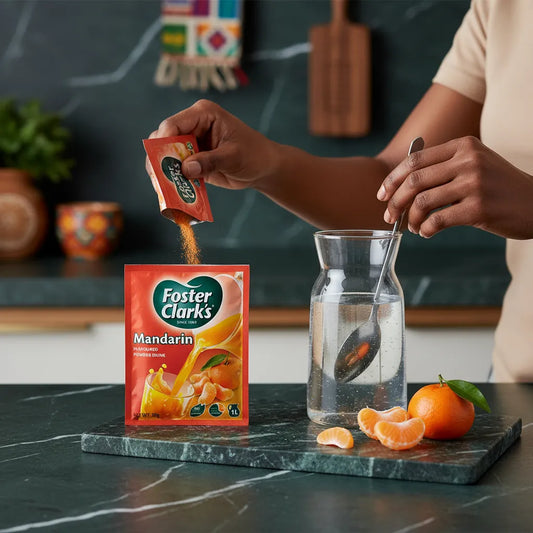 Préparation du jus mandarine FOSTER CLARKS en versant la poudre dans une carafe d'eau, boisson instantanée fruitée et facile à préparer.