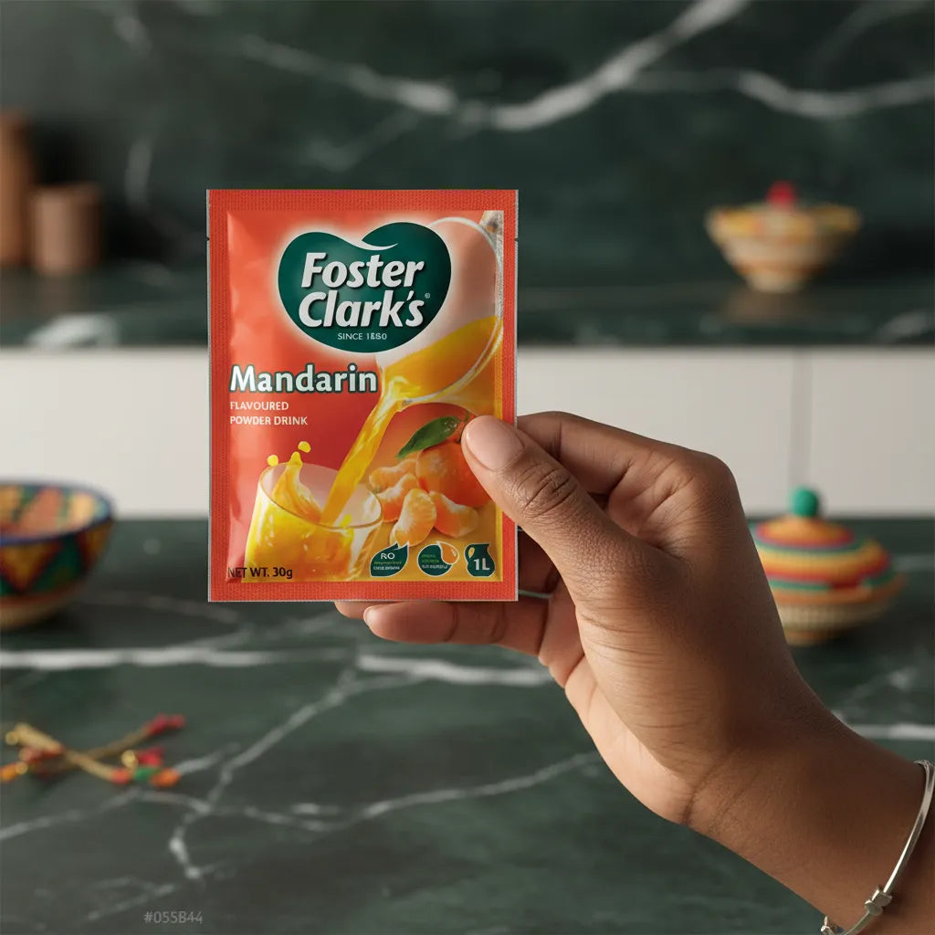 Main tenant un sachet de jus mandarine FOSTER CLARKS 30g, boisson en poudre pratique pour une hydratation fruitée à tout moment.