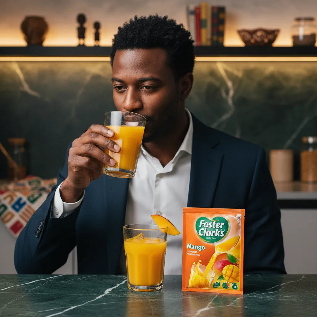 Homme dégustant un verre de Jus Mangue en Poudre - FOSTER CLARKS, boisson rafraîchissante idéale pour les pauses fruitées.