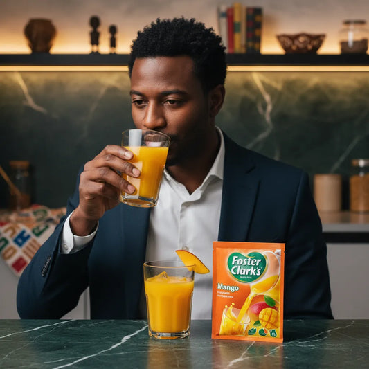 Homme dégustant un verre de Jus Mangue en Poudre - FOSTER CLARKS, boisson rafraîchissante idéale pour les pauses fruitées.