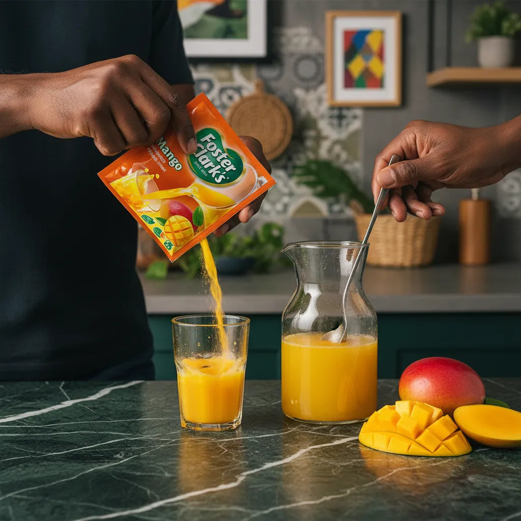Préparation du Jus Mangue en Poudre - FOSTER CLARKS dans un verre avec carafe, mangue fraîche et cuillère, boisson exotique maison.