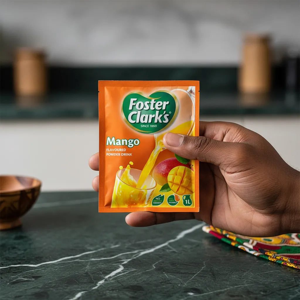 Main tenant un sachet de Jus Mangue en Poudre - FOSTER CLARKS, boisson instantanée à la mangue, pratique et savoureuse.