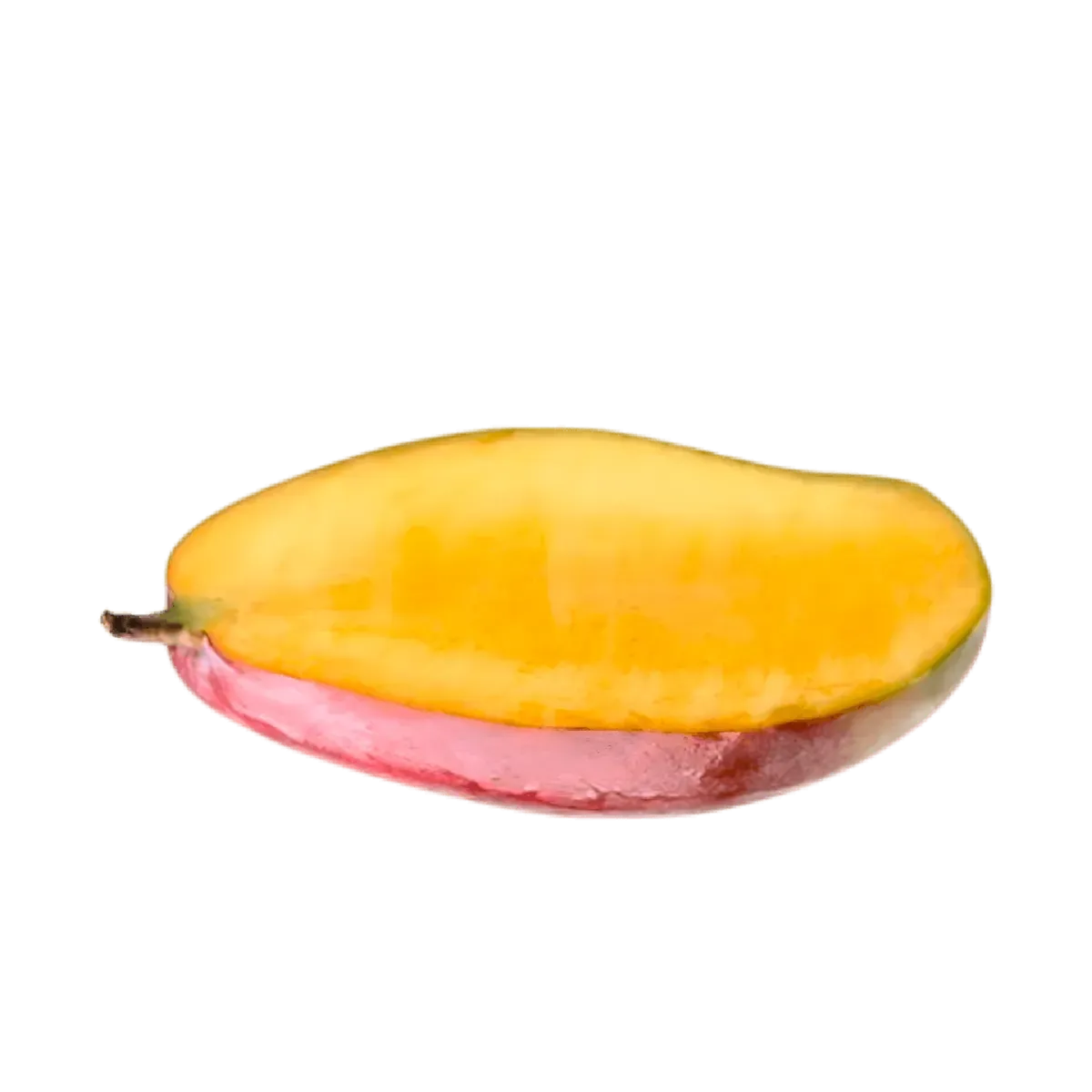 Moitié de mangue bateau Kent montrant sa pulpe dorée fondante, fruit sucré idéal pour desserts ou consommation directe.