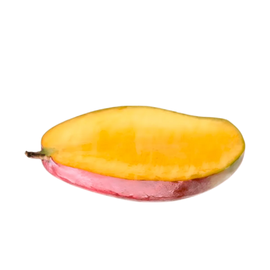 Mangue Kent juteuse coupée en deux, révélant une pulpe dorée et sucrée, parfaite pour les recettes tropicales ou une consommation fraîche.