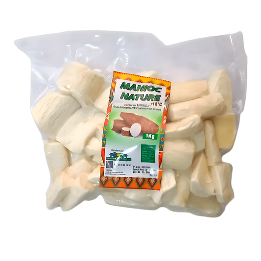 Manioc surgelé pré coupé DIRECT EXOTIQUE en sachet de 1kg, prêt à cuisiner. Source d'énergie idéale pour plats exotiques et traditionnels.