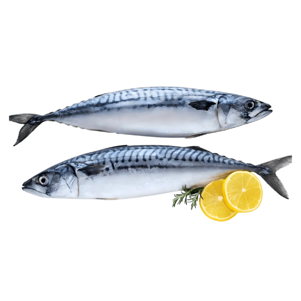 Deux maquereaux frais accompagnés de tranches de citron et d’herbes, parfaits pour des recettes riches en oméga-3 et saveurs marines.