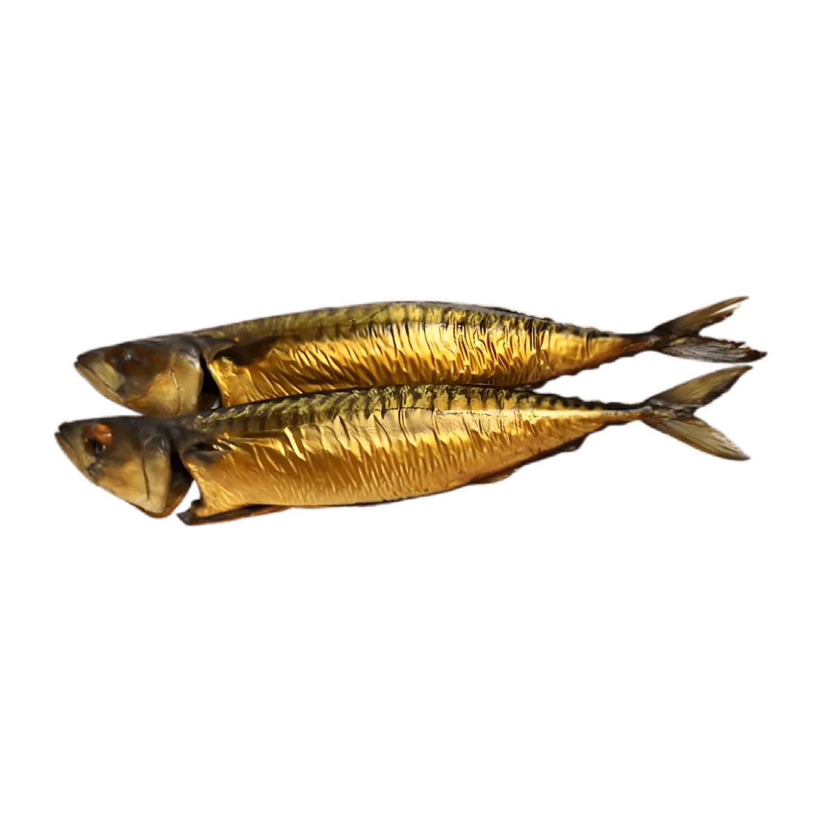 Deux maquereaux fumés entiers, brillants et dorés, parfaits pour les amateurs de fruits de mer à la recherche de qualité en ligne.