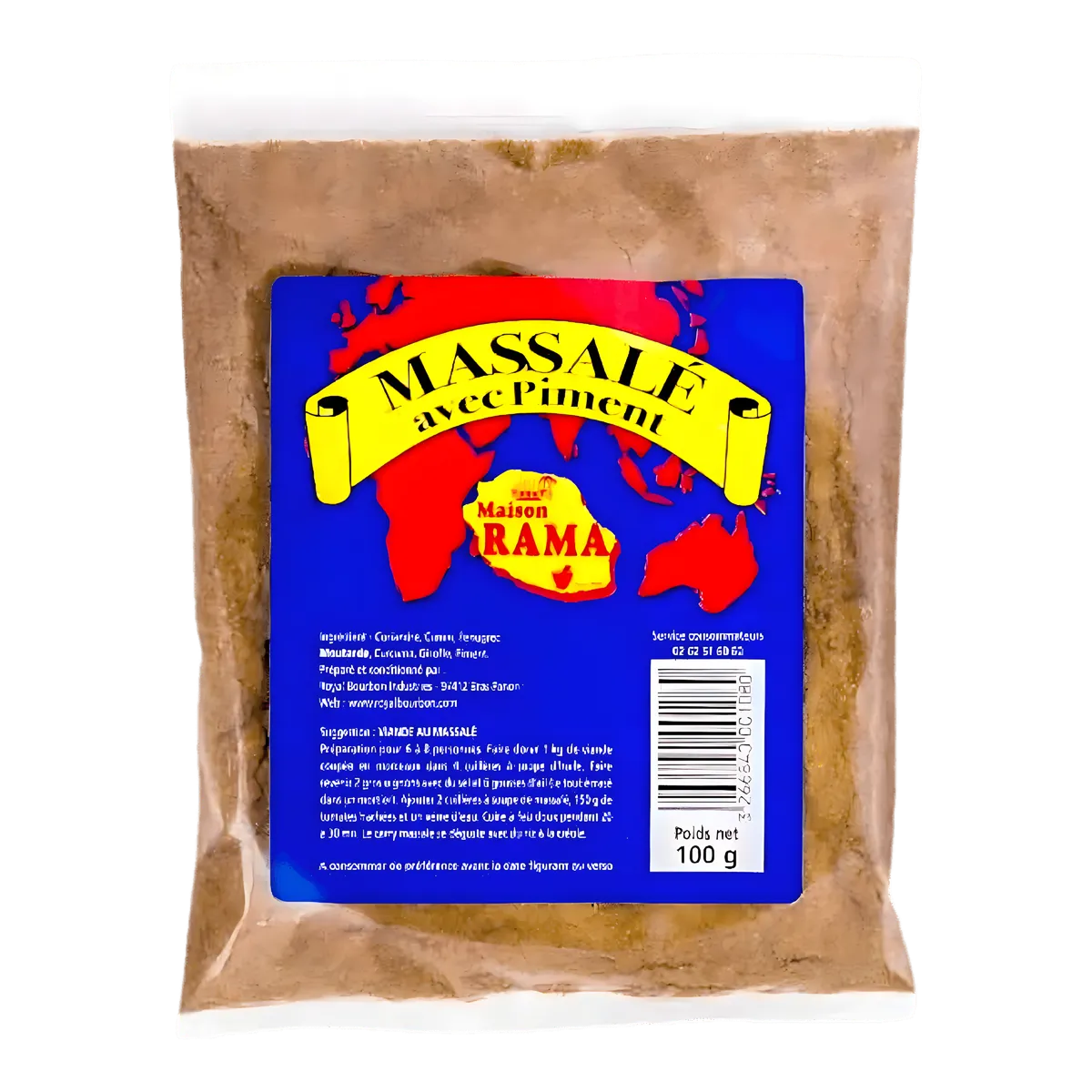 Massalé pimenté Bourbon MAISON RAMA en sachet de 100g avec étiquette bleue, mélange d'épices intense pour viandes, poissons et légumes.