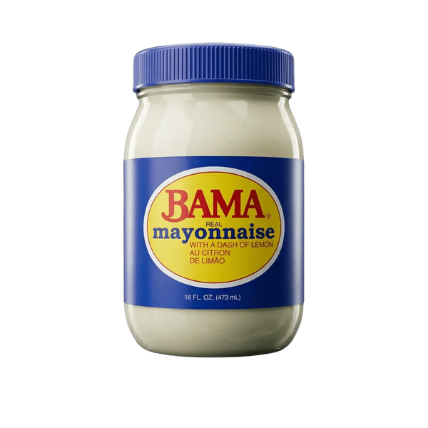 Mayonnaise BAMA au citron en bocal sur fond.