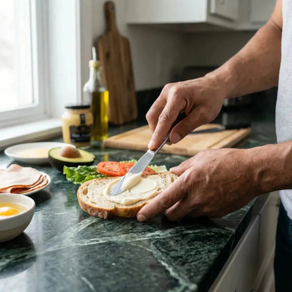 Mayonnaise BAMA sur une tartine, préparation d'un sandwich avec divers ingrédients en cuisine.