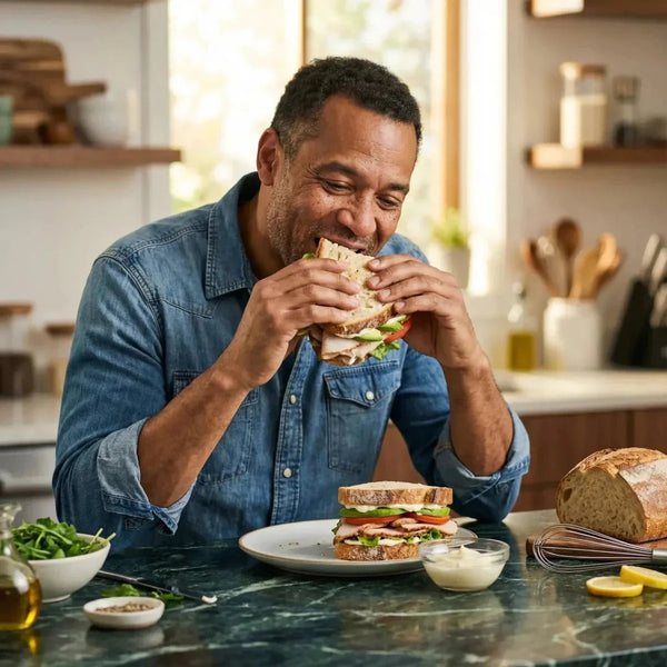 Un homme mange un sandwich près d'une table avec de la mayonnaise BAMA, du pain et des légumes.