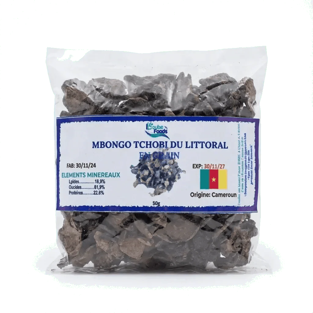 Pacchetto di Mbongo Tchobi del Littorale in grani Cube Foods, intestazione nutrizionale.