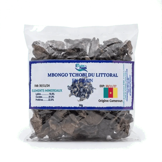 Paquet de Mbongo Tchobi du Littoral en grain Cube Foods, en-tête nutritionnel.