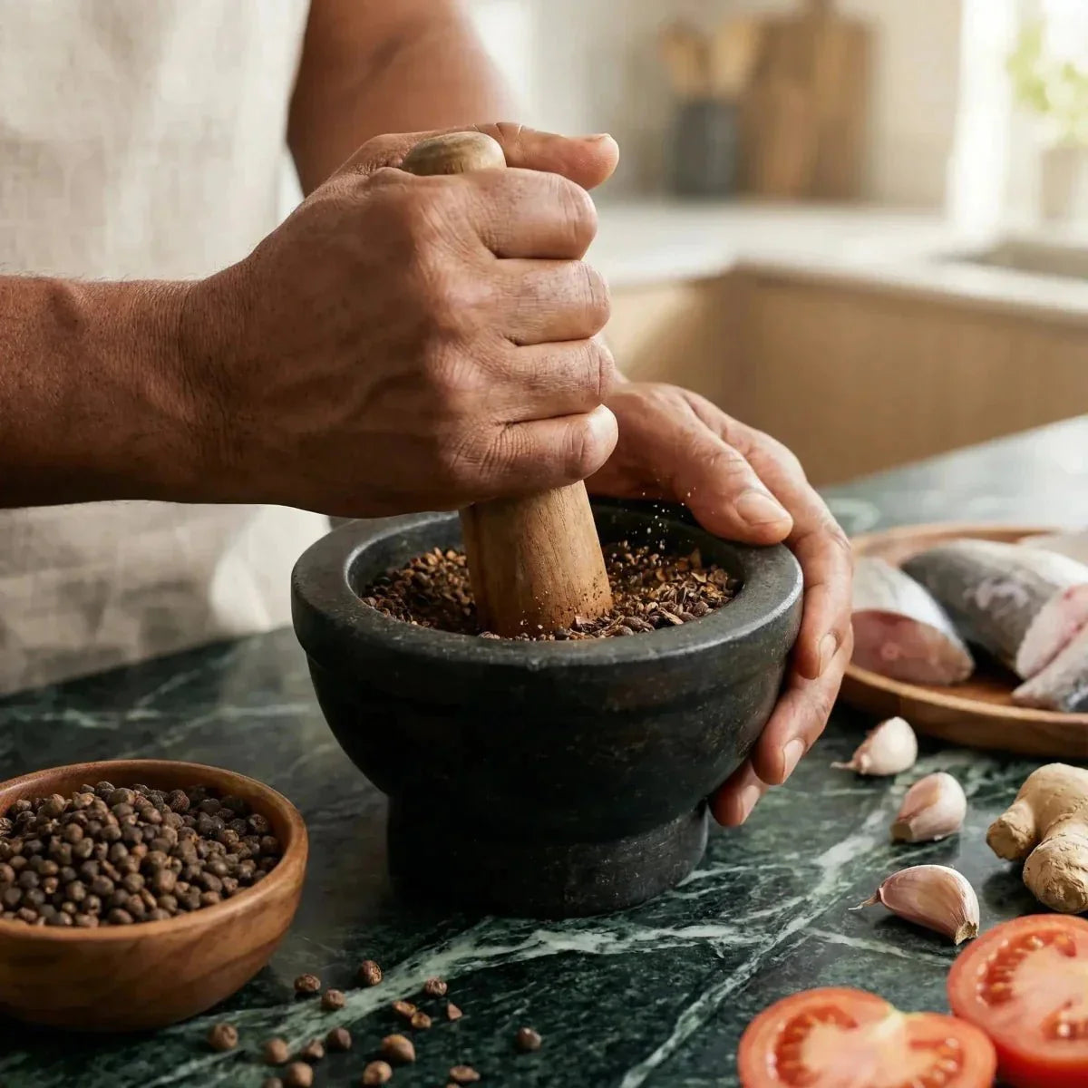NUMBER ONE - Mbongo Tchobi du Littoral en Grain. Préparation d'épices avec un mortier.